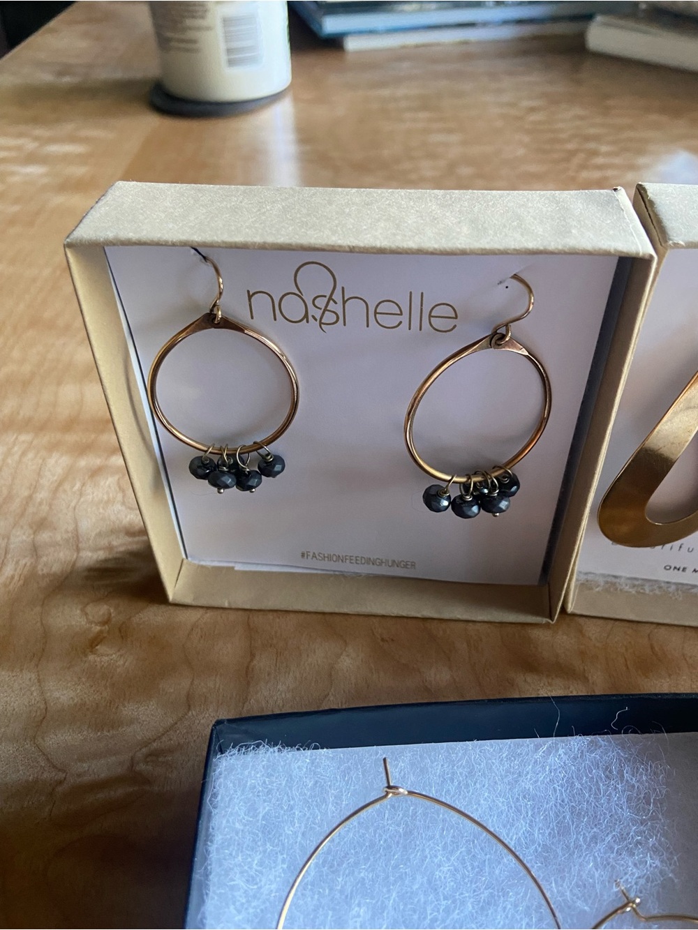 Nashelle Brass Hoop Earrings Hoops w/ Genuine Hematite Stone Beads